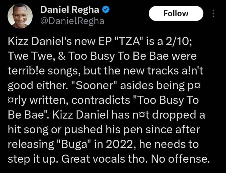 Daniel Regha rates Kizz Daniel EP 2/10