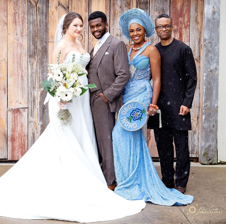 Omoni Oboli, her husband with her son, Tobe and Marelle on their wedding day