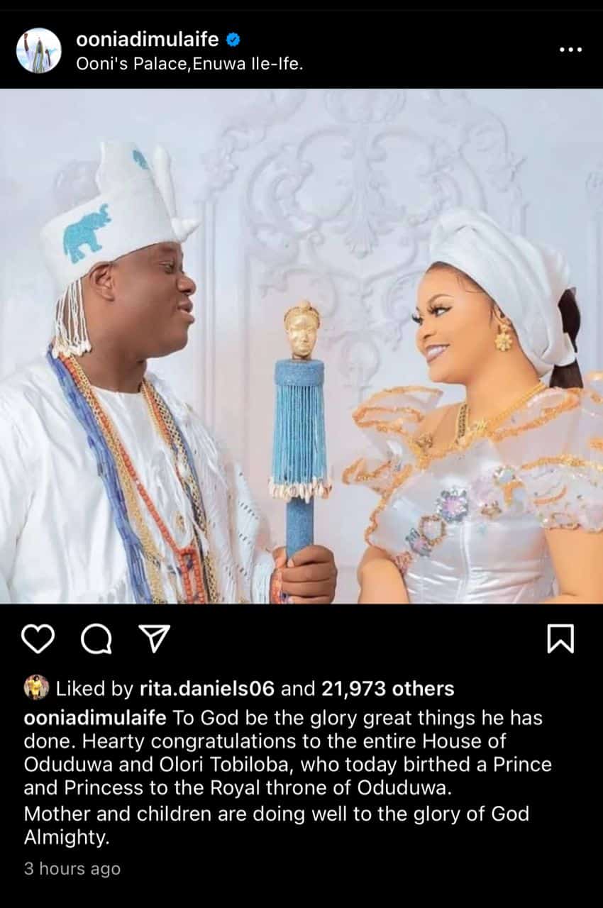 Ooni of Ife welcomes twins with Queen Tobi