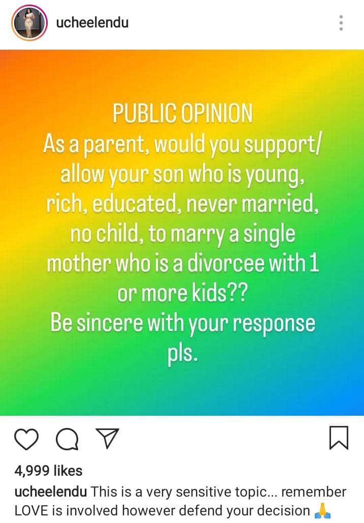 Uche Elendu poses question to parents on their sons marrying single mother