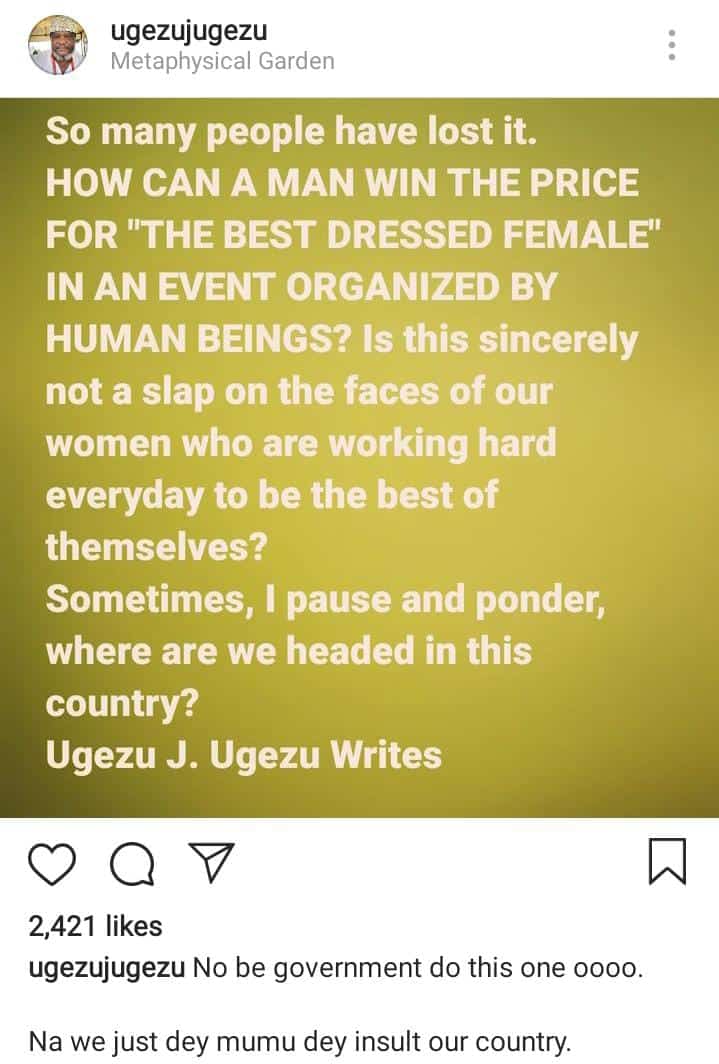 Ugezu Ugezu reage ao fato de Bobrisky ser eleita a mulher mais bem vestida