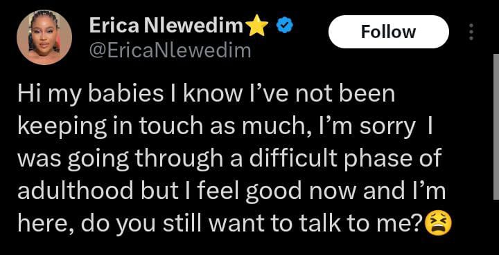 Erica Nlewedim replies generous fan who offered her 50k