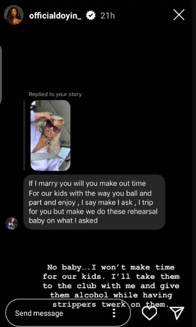 Doyin answers toaster who asked how she plans to be a good mother with clubbing lifestyle