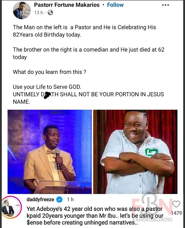 Daddy Freeze blasts pastor who claimed Mr Ibu passed on for not serving God