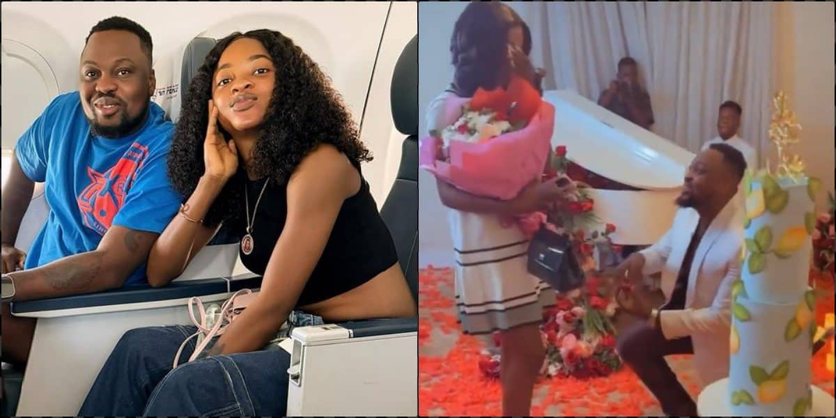 Romantic moment Egungun of Lagos proposes to girlfriend with diamond ring