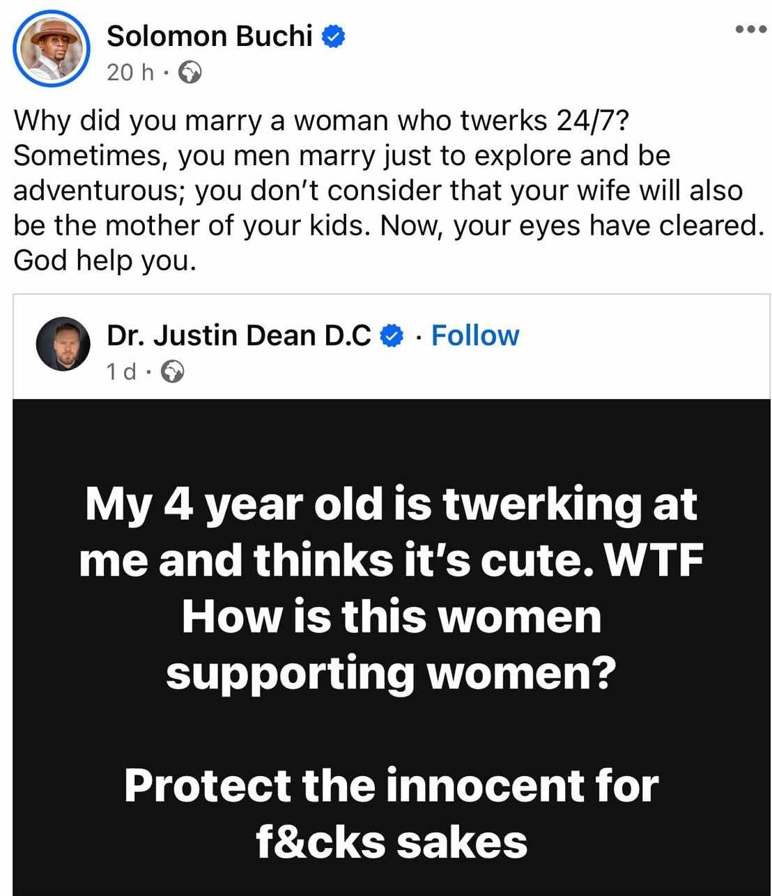 Solomon Buchi mocks Justin Dean for crying over daughter twerking like mother