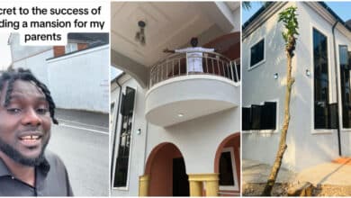 "I wash plates for 11 hours daily" - Nigerian man who washes dishes abroad shows off mansion he built for his parents