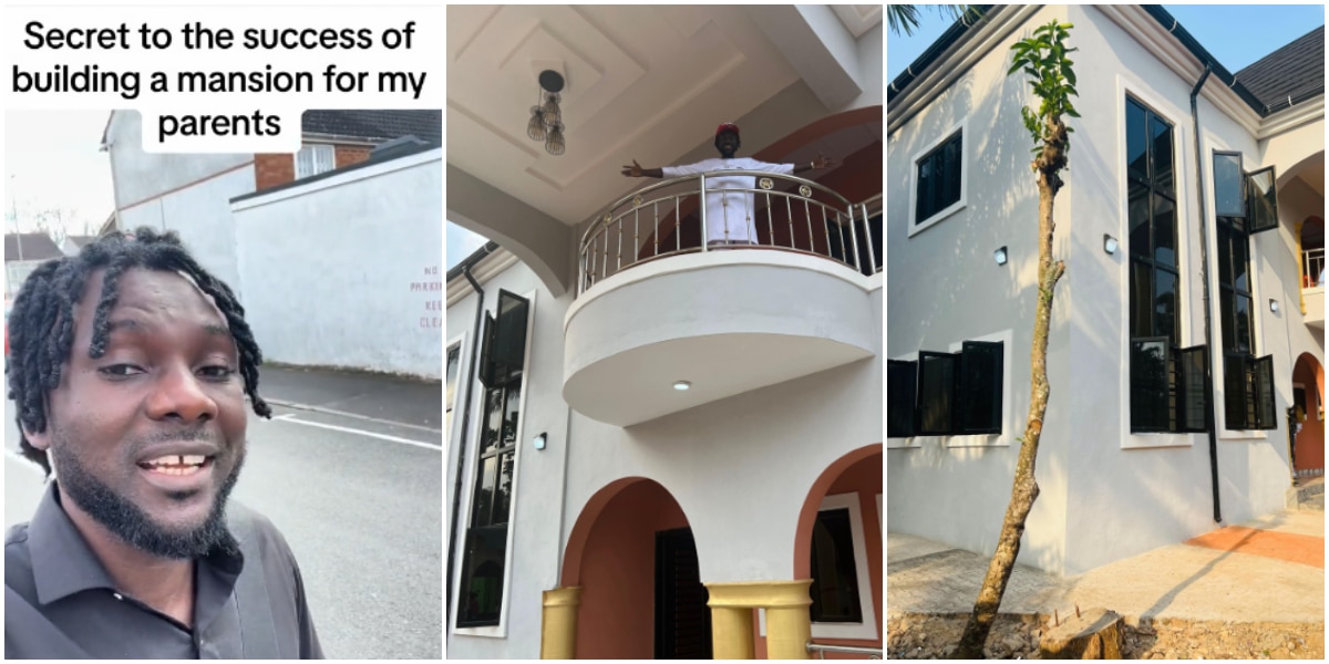 "I wash plates for 11 hours daily" - Nigerian man who washes dishes abroad shows off mansion he built for his parents