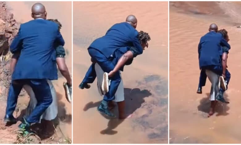 "True love?" - Video of woman carrying her man on her back while crossing muddy road causes buzz online
