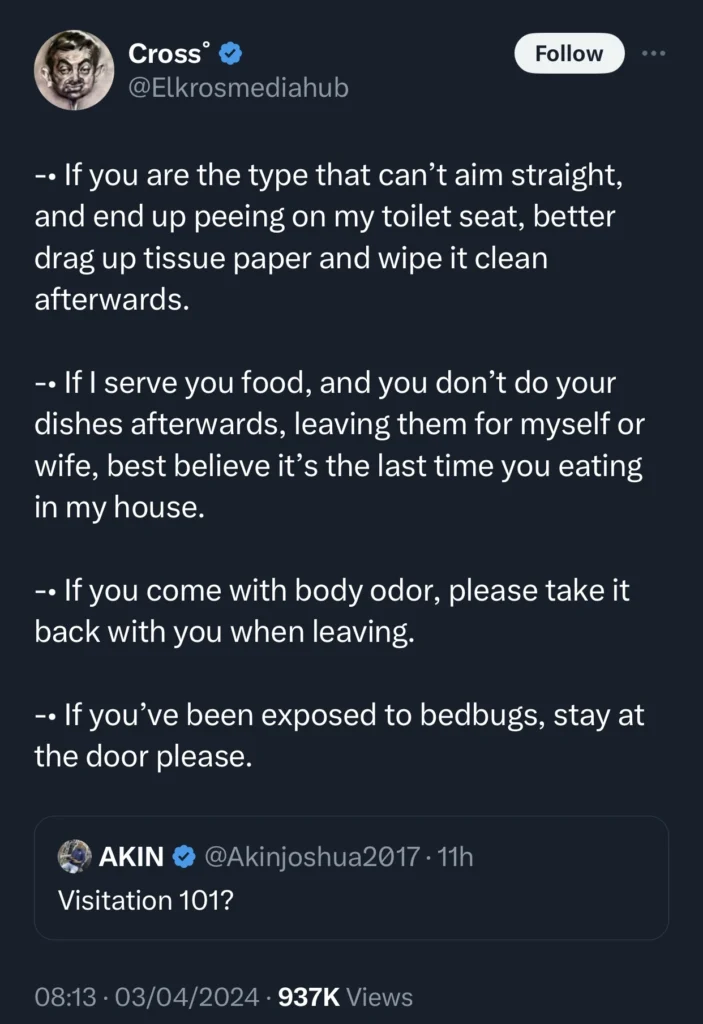 “If I serve you food, you must wash the plates after eating” — Businessman shares rules for visitors coming to his home