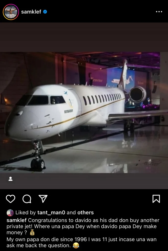 “Na Davido papa buy the jet no be am” — Samklef insists