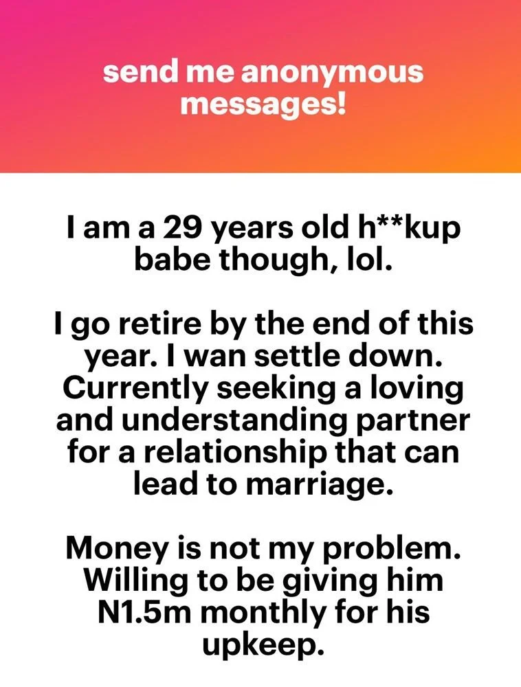 “I go retire by the end of this year and I wan settle down” — Hookup lady asks men to send marriage applications