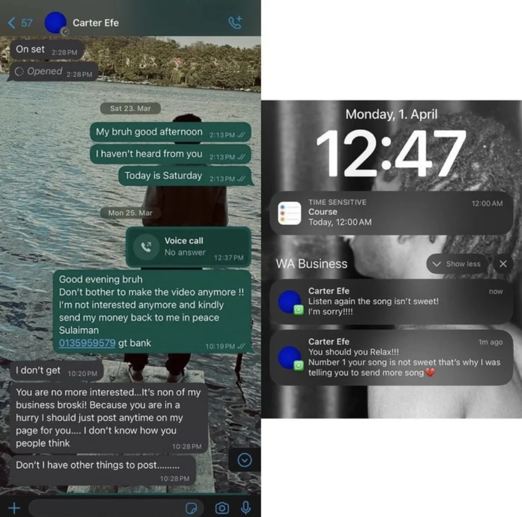 Upcoming artist drags Carter Efe for refusing to promote his song after paying N3 million