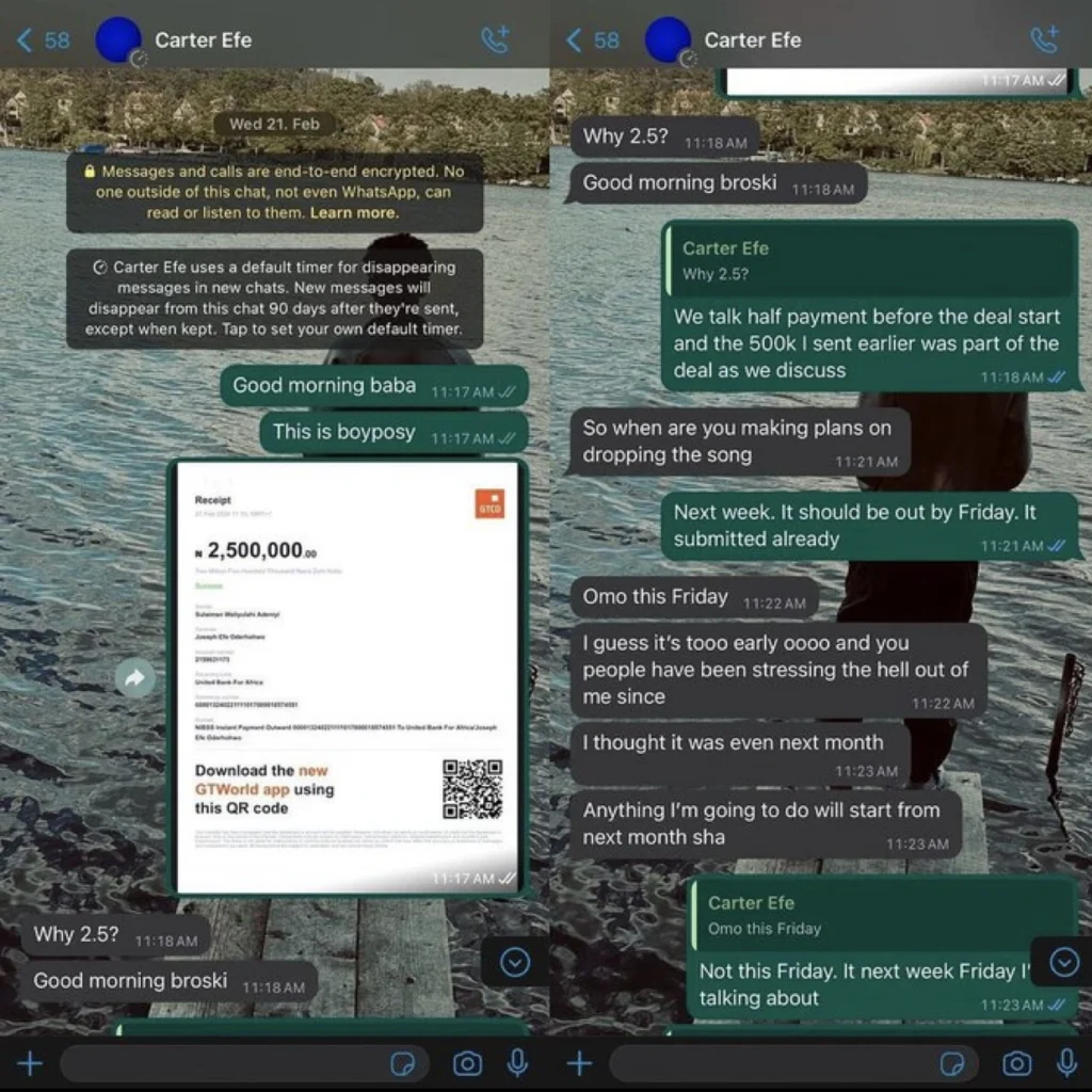 Upcoming artist drags Carter Efe for refusing to promote his song after paying N3 million