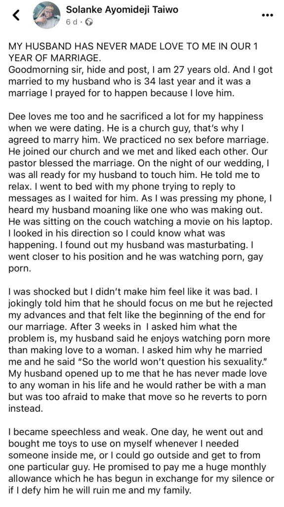 Lady in pains as she discovers her husband is gay after marriage