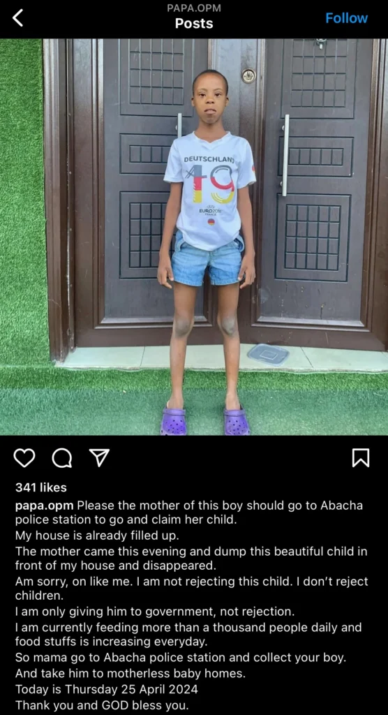 Apostle Chibuzor Chinyere sends abandoned boy to police station, shares why