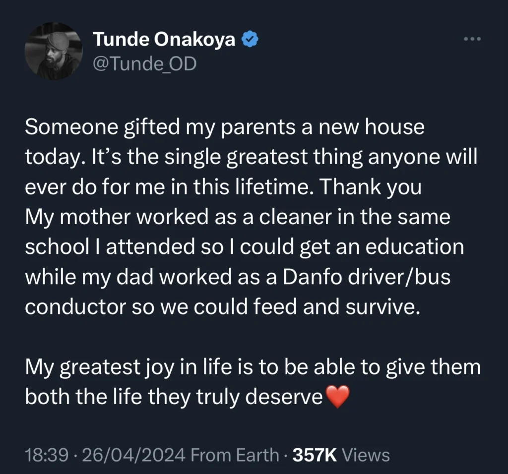 Tunde Onakoya emotional as unnamed stranger gifts his parents a house