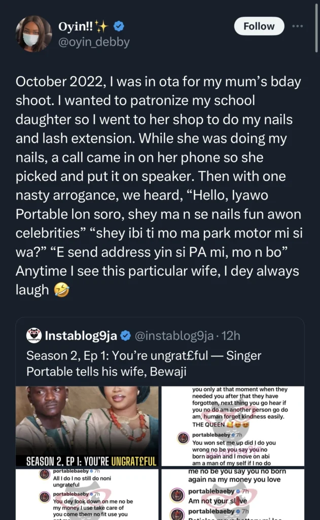 Lady shares unpleasant encounter with Portable’s first wife, Bewaji