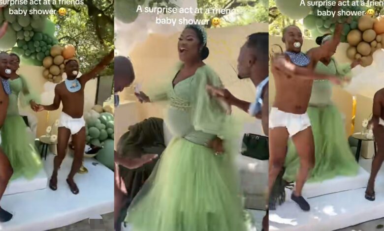 "What if the diaper drops?" - Grown men in diapers, pacifiers steal show at pregnant woman's baby shower