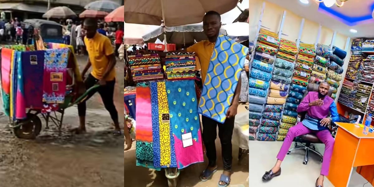 Nigerian man goes from hawking fabrics on wheelbarrow to owning a big shop