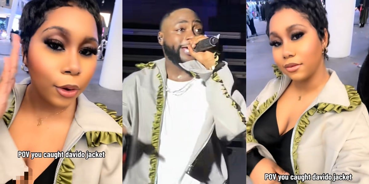 Beautiful lady catches Davido's jacket at concert, proudly shows it off online