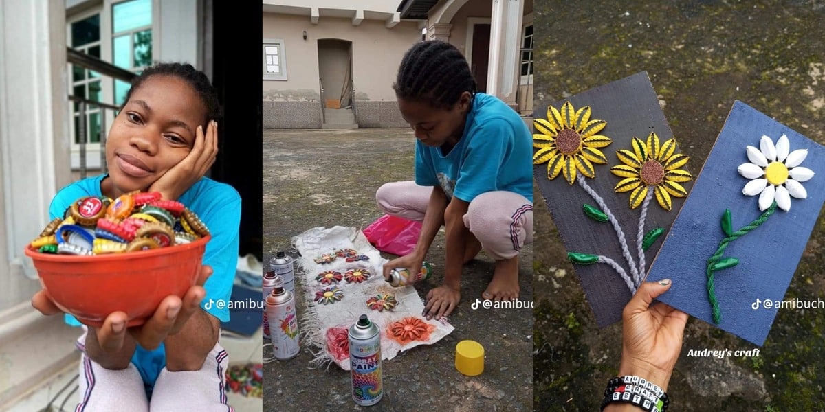 Nigerian lady creates beautiful flower designs from bottle caps