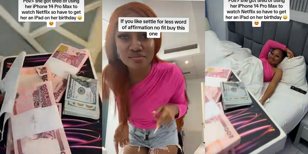 Nigerian lady gets tired of using iPhone 14 pro max to watch Netflix, boyfriend gifts her new iPad, dollars