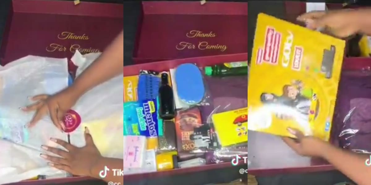 Lady displays unusual souvenir she received at a birthday party