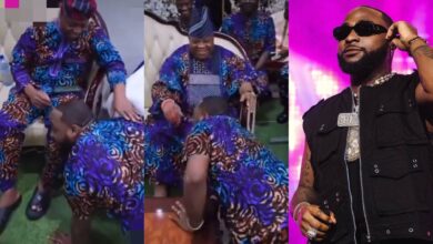 "He's well trained" – Moment Davido prostrates on the floor to greet his father, uncle and others at an event