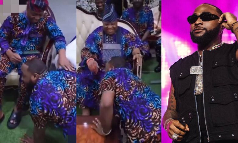 "He's well trained" – Moment Davido prostrates on the floor to greet his father, uncle and others at an event