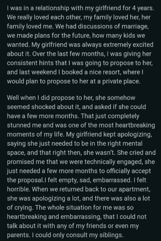 "My girlfriend of 4 years rejected my marriage proposal, saying she's not ready mentally" - Man cries out