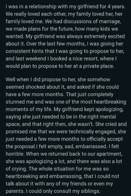 "My girlfriend of 4 years rejected my marriage proposal, saying she's not ready mentally" - Man cries out