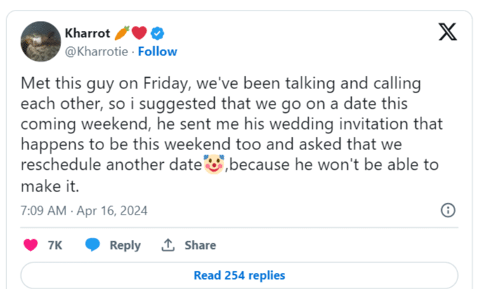Lady in shock as man she asked for a date invites her to his wedding