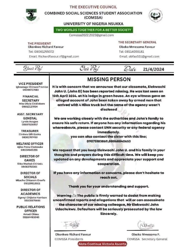 UNN final year student kidnapped after his final exam