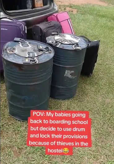 Mom uses drum and padlocks to protect kids' provisions as she takes them to boarding school