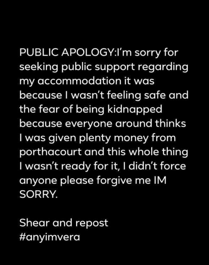 Anyim Veronica tenders apology days after pleading for accommodation