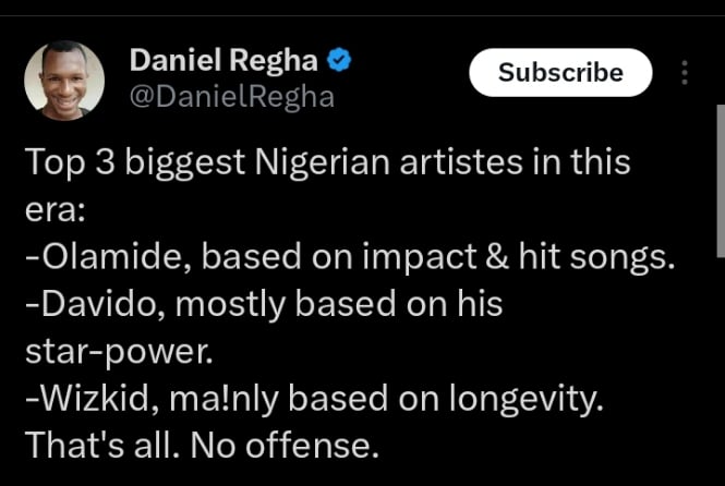 Daniel Regha names top 3 biggest Nigerian artists of this era