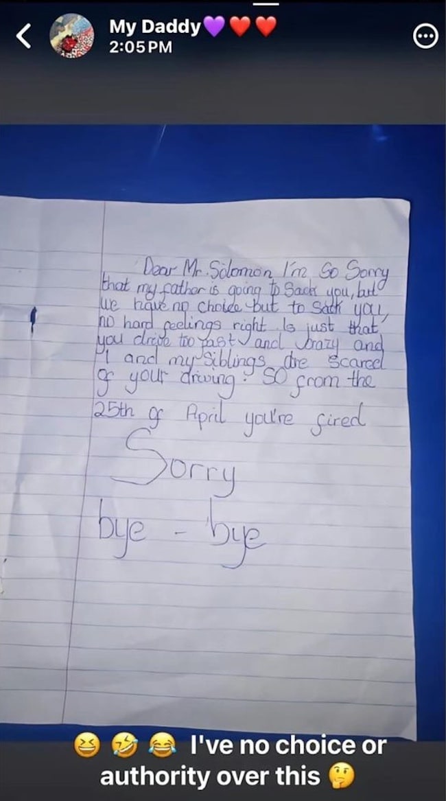 Kids pen handwritten letter, fires their father's driver over reckless driving