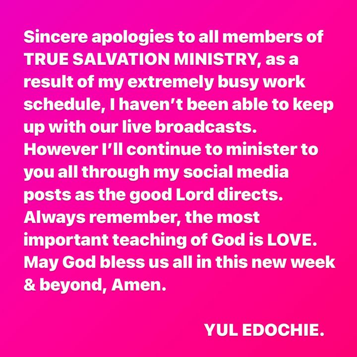 Yul Edochie tenders apology to his members for missing church service