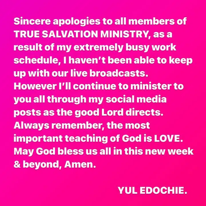 Yul Edochie tenders apology to his members for missing church service
