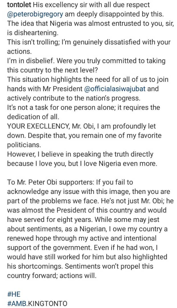 Tonto Dikeh berates Peter Obi after he installed a borehole for a northern community