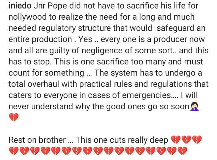 Ini Edo frowns at Nollywood's system as she mourns the passing of Junior Pope