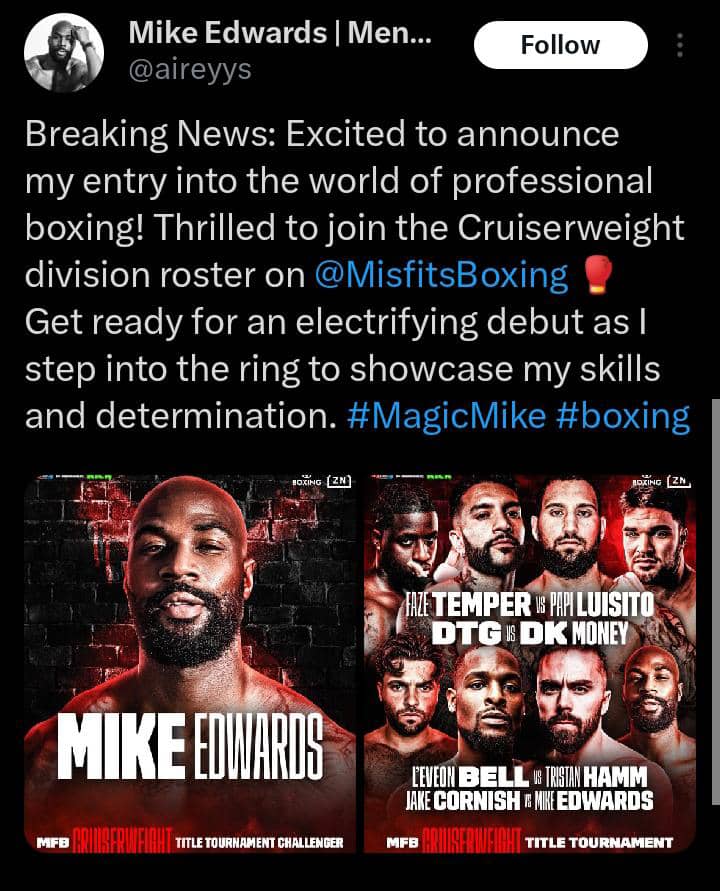 Mike Edwards, da BBNaija, junta-se ao boxe profissional e antecipa estreia