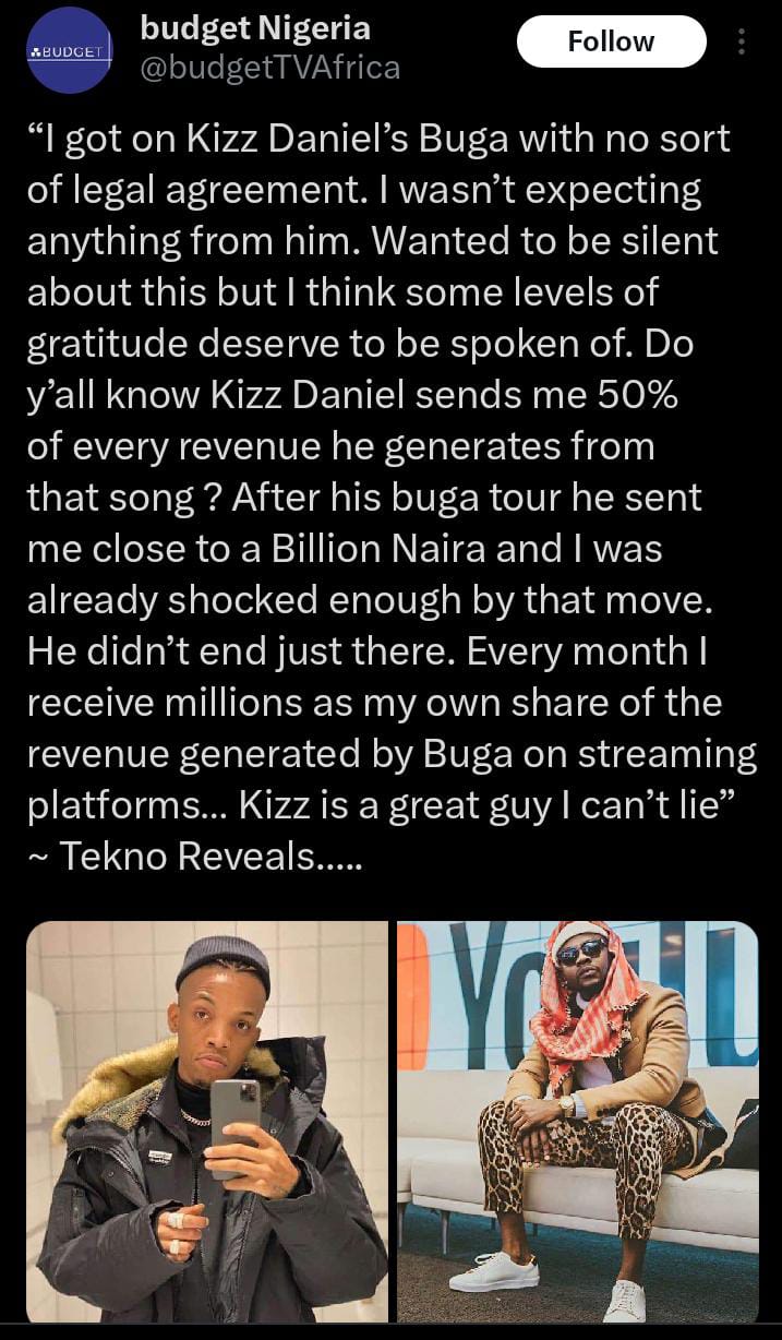 Tekno reveals Kizz Daniel paid him close to N1BN for their collaboration on 'Buga', other royalties