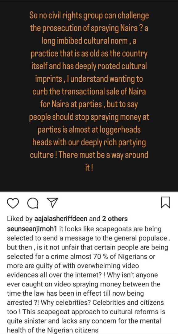 Naira Abuse: Seun Jimoh frowns at the scapegoat approach on celebrities by the EFCC