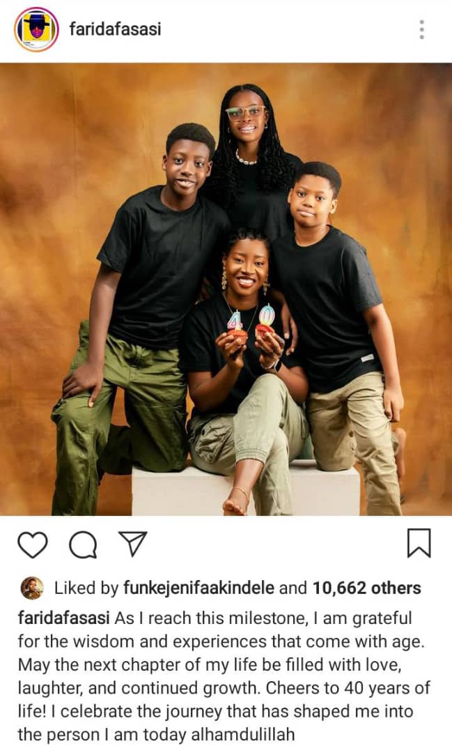 Late Sound Sultan's wife, Farida shares adorable family photo as she celebrates 40th birthday