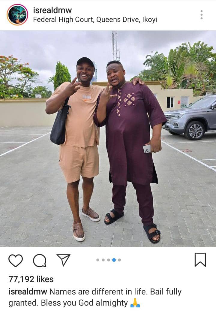 Israel DMW reacts to Cubana Chief Priest's release from EFCC custody