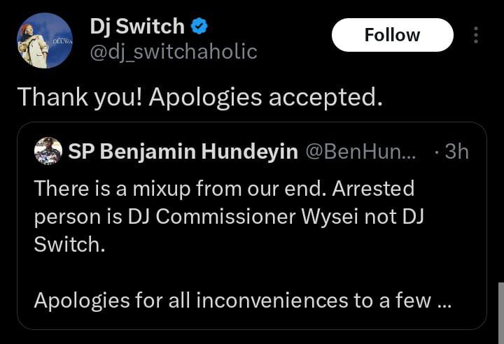 Benjamin Hundeyin tenders apology to DJ Switch over false reports of her arrest, she responds