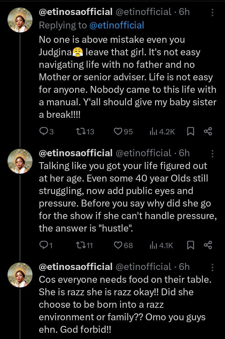 Etinosa Idemudia defends Phyna against critics after she mistakenly called out soft drink brand