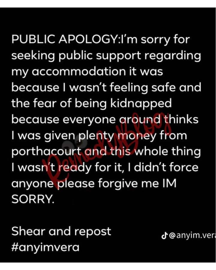 Anyim Vera clears the air as she tenders apology to Nigerians days after seeking accommodation